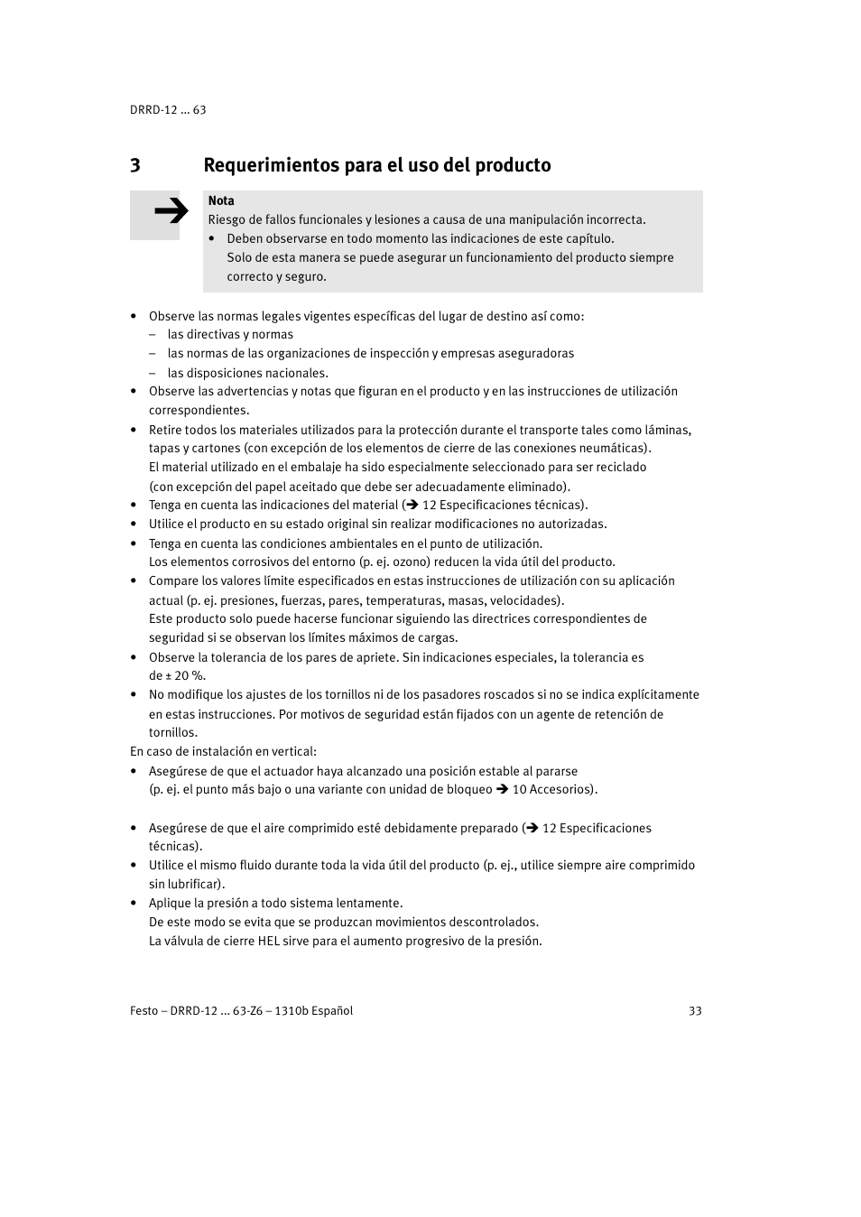 3 requerimientos para el uso del producto, 3requerimientos para el uso del producto | Festo DRRD-12 ... 63 User Manual | Page 33 / 88