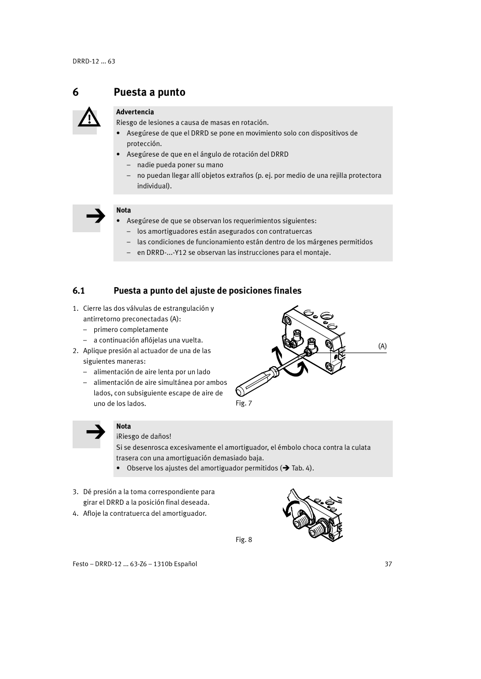 6 puesta a punto, 1 puesta a punto del ajuste de posiciones finales, 6puesta a punto | Festo DRRD-12 ... 63 User Manual | Page 37 / 88