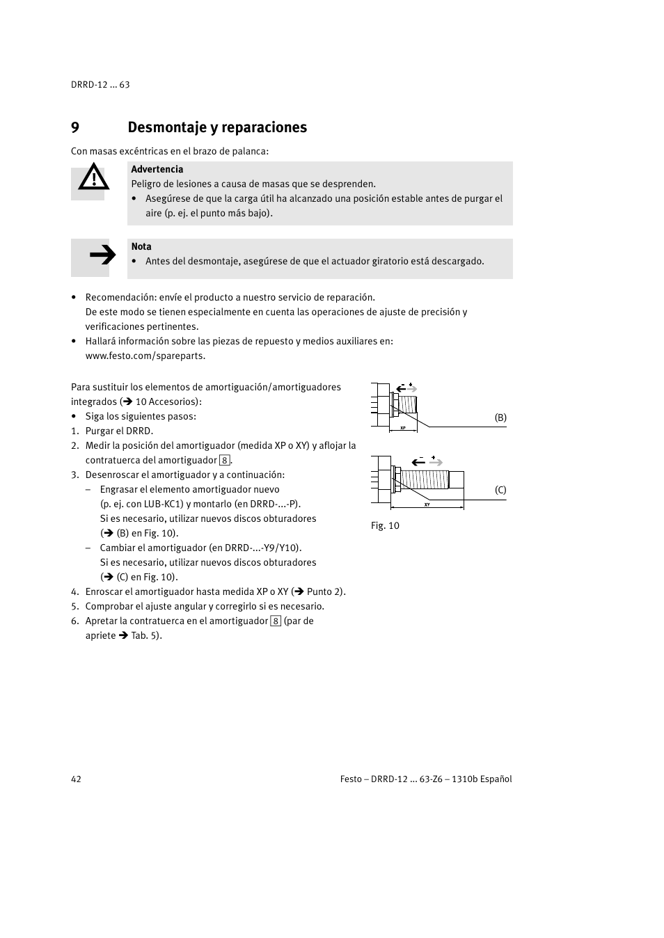 9 desmontaje y reparaciones, 9desmontaje y reparaciones | Festo DRRD-12 ... 63 User Manual | Page 42 / 88