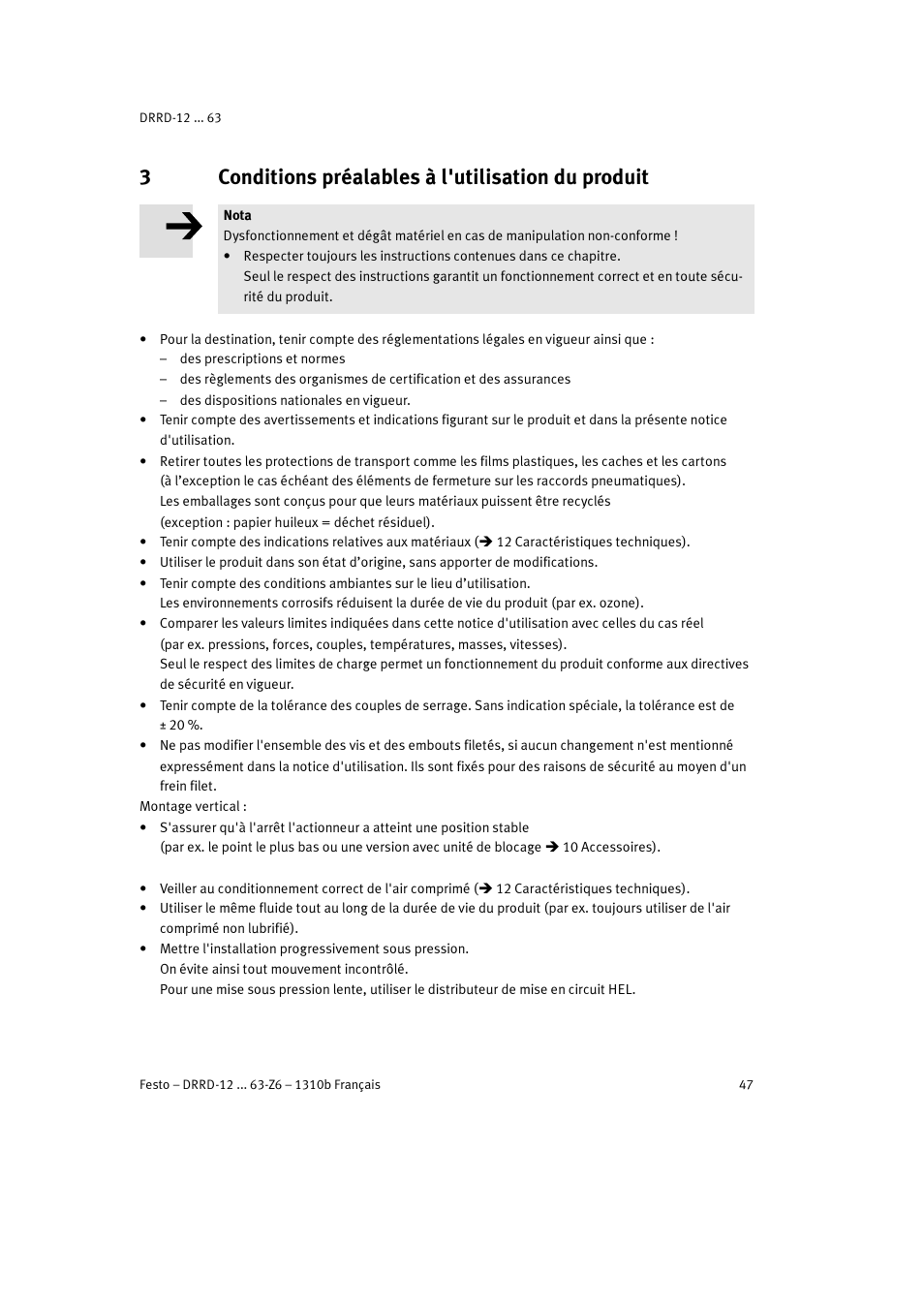 3 conditions préalables à l'utilisation du produit, 3conditions préalables à l'utilisation du produit | Festo DRRD-12 ... 63 User Manual | Page 47 / 88
