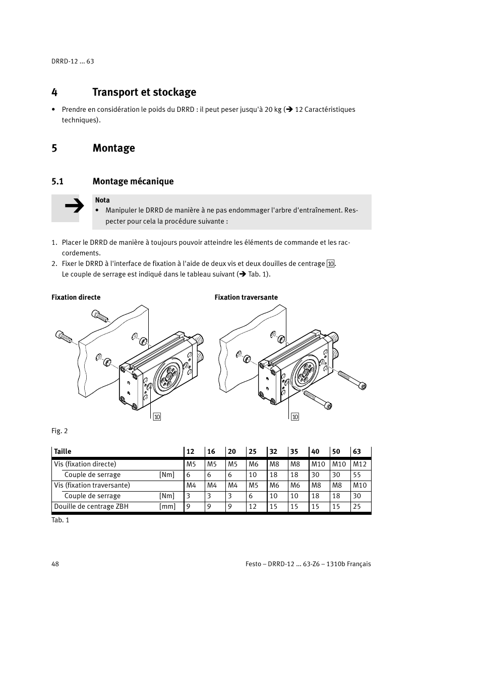 4 transport et stockage, 5 montage, 1 montage mécanique | 4transport et stockage, 5montage | Festo DRRD-12 ... 63 User Manual | Page 48 / 88