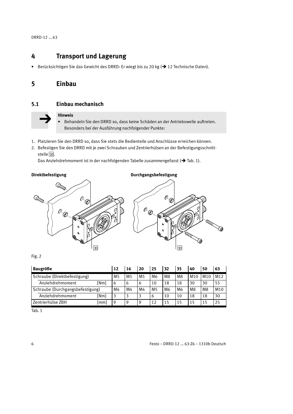 4 transport und lagerung, 5 einbau, 1 einbau mechanisch | 4transport und lagerung, 5einbau | Festo DRRD-12 ... 63 User Manual | Page 6 / 88