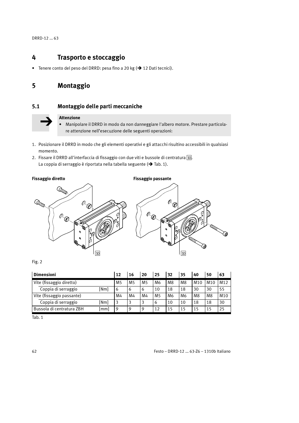 4 trasporto e stoccaggio, 5 montaggio, 1 montaggio delle parti meccaniche | 4trasporto e stoccaggio, 5montaggio | Festo DRRD-12 ... 63 User Manual | Page 62 / 88