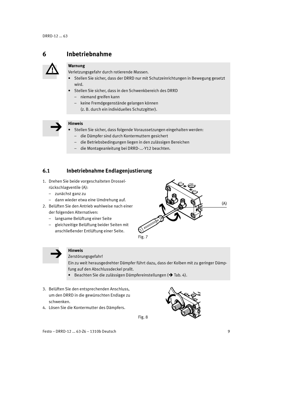 6 inbetriebnahme, 1 inbetriebnahme endlagenjustierung, 6inbetriebnahme | Festo DRRD-12 ... 63 User Manual | Page 9 / 88