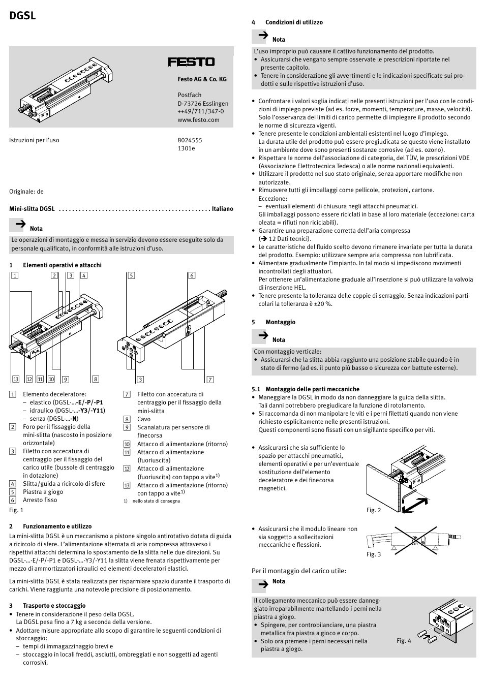 Mini-slitta dgsl italiano, 1 elementi operativi e attacchi, 2 funzionamento e utilizzo | 3 trasporto e stoccaggio, 4 condizioni di utilizzo, 5 montaggio, 1 montaggio delle parti meccaniche, Dgsl | Festo DGSL User Manual | Page 17 / 24