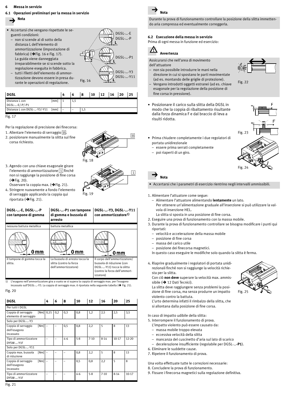 6 messa in servizio, 1 operazioni preliminari per la messa in servizio, 2 esecuzione della messa in servizio | Festo DGSL User Manual | Page 19 / 24