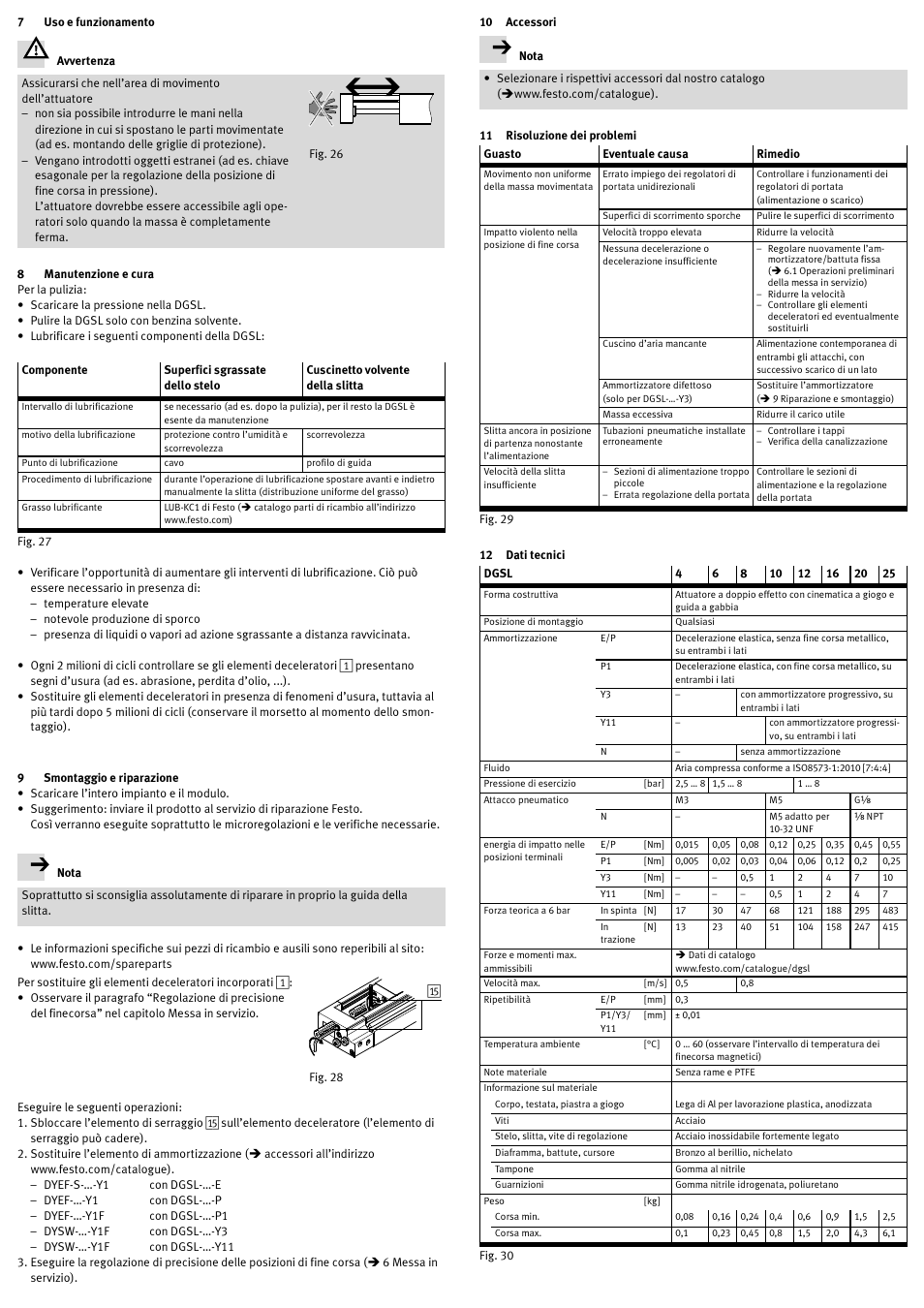 7 uso e funzionamento, 8 manutenzione e cura, 9 smontaggio e riparazione | 10 accessori, 11 risoluzione dei problemi, 12 dati tecnici | Festo DGSL User Manual | Page 20 / 24