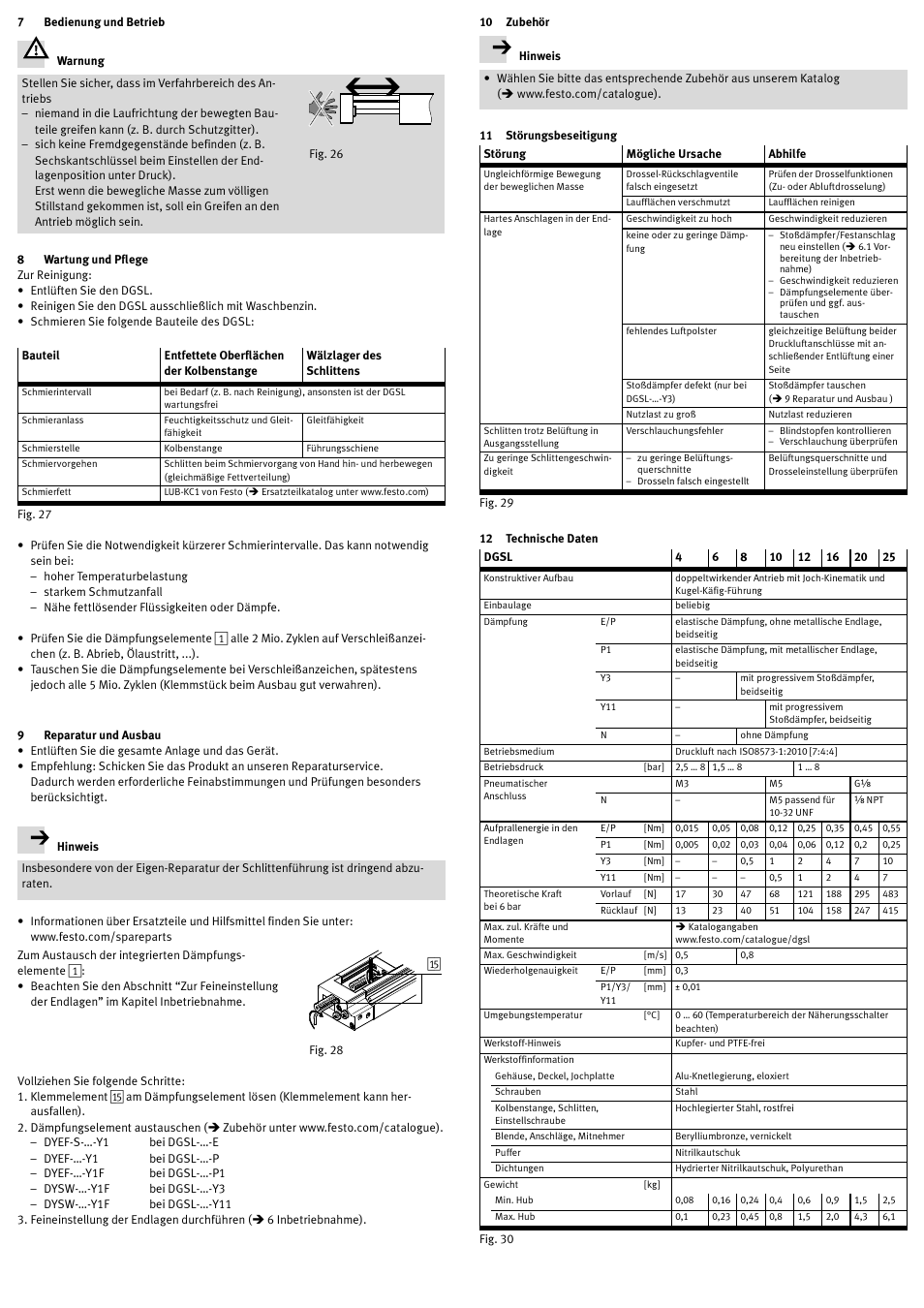 7 bedienung und betrieb, 8 wartung und pflege, 9 reparatur und ausbau | 10 zubehör, 11 störungsbeseitigung, 12 technische daten | Festo DGSL User Manual | Page 4 / 24