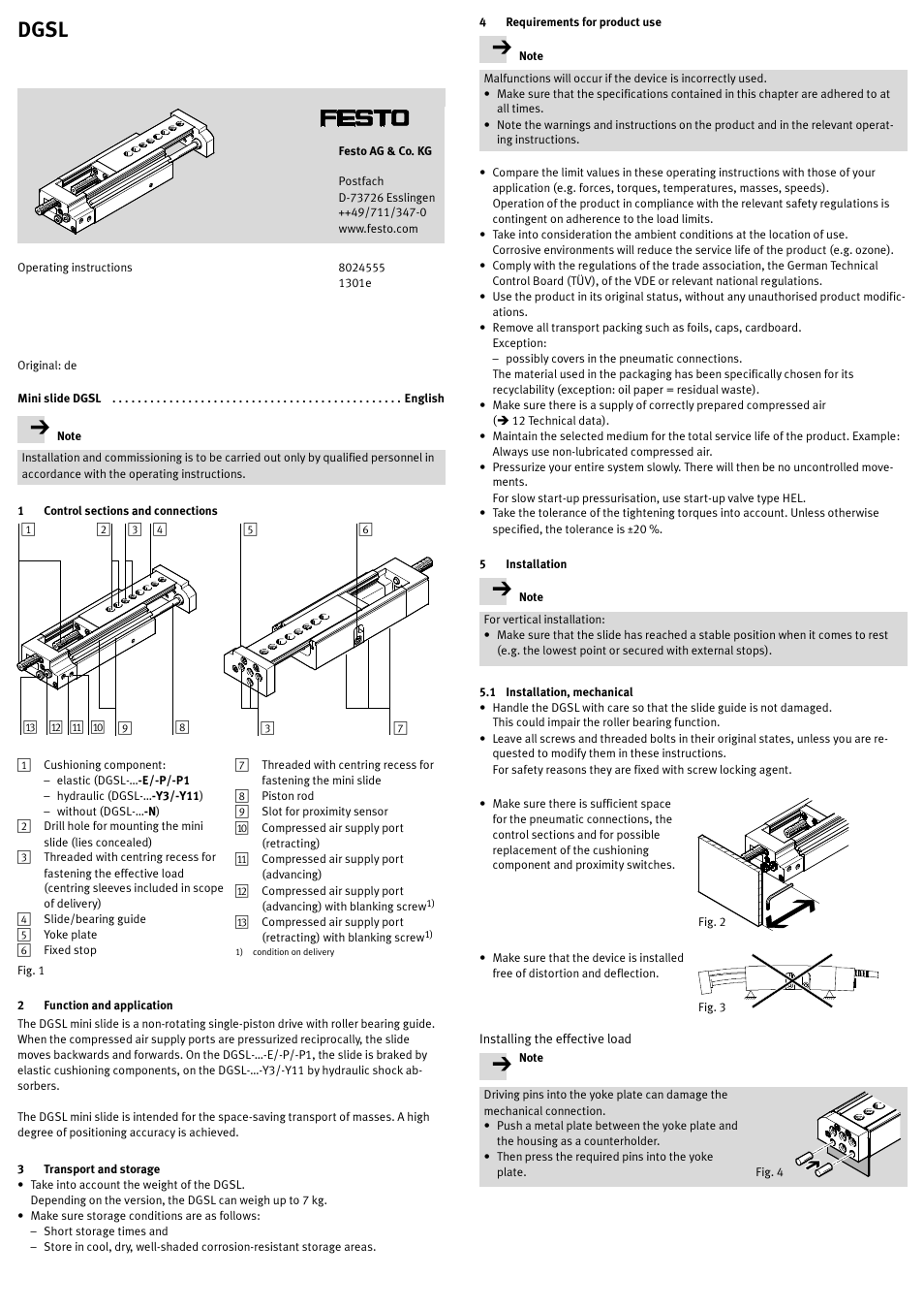 Mini slide dgsl english, 1 control sections and connections, 2 function and application | 3 transport and storage, 4 requirements for product use, 5 installation, 1 installation, mechanical, Dgsl | Festo DGSL User Manual | Page 5 / 24