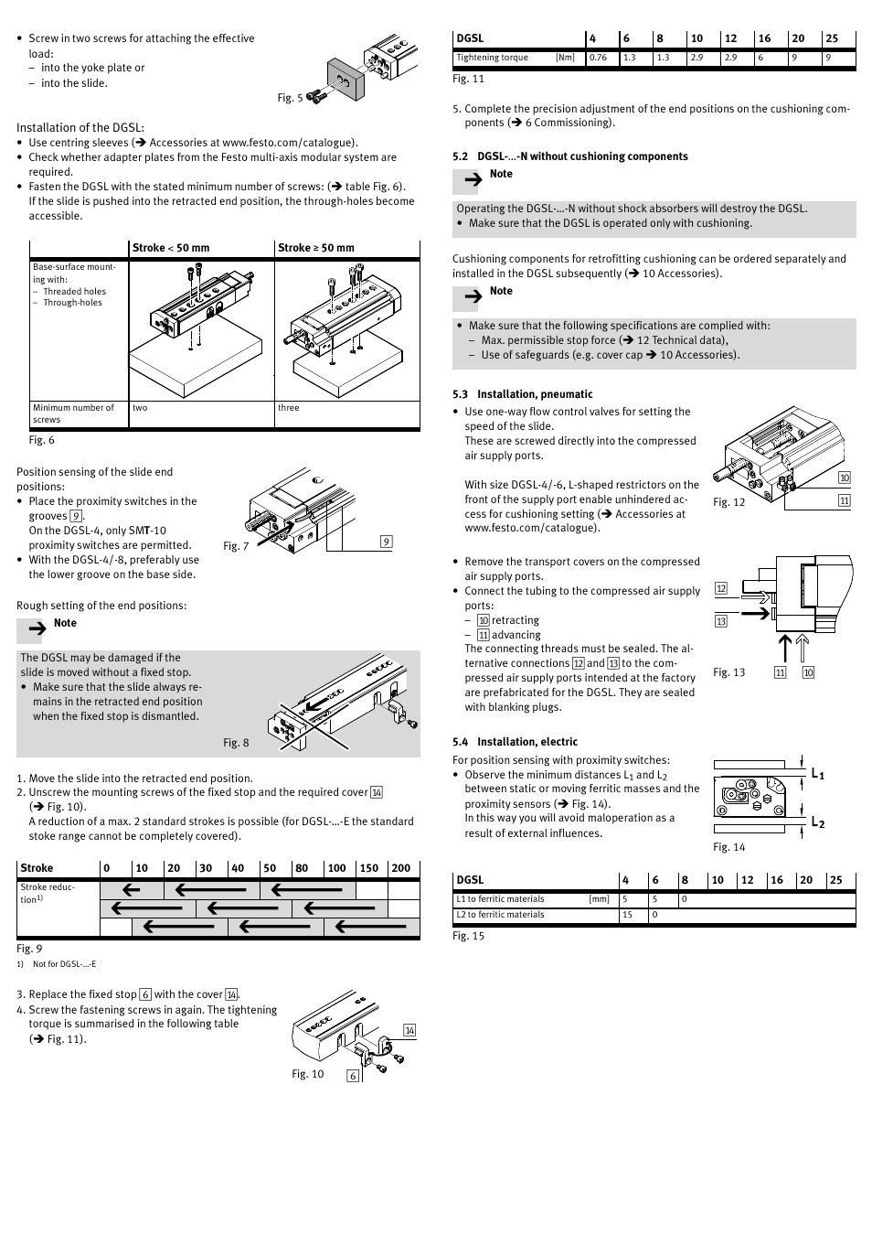 2 dgsl-…-n without cushioning components, 3 installation, pneumatic, 4 installation, electric | Festo DGSL User Manual | Page 6 / 24