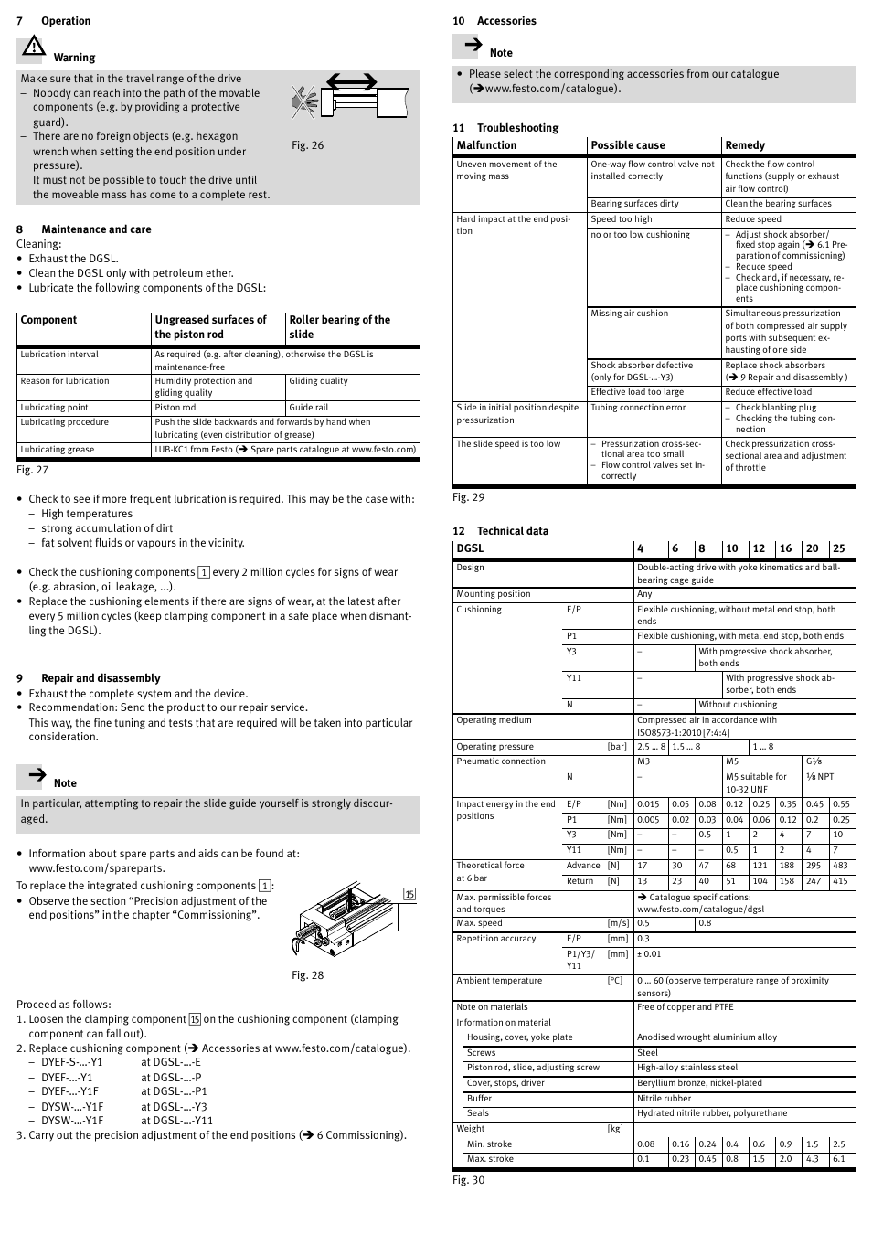 7 operation, 8 maintenance and care, 9 repair and disassembly | 10 accessories, 11 troubleshooting, 12 technical data | Festo DGSL User Manual | Page 8 / 24