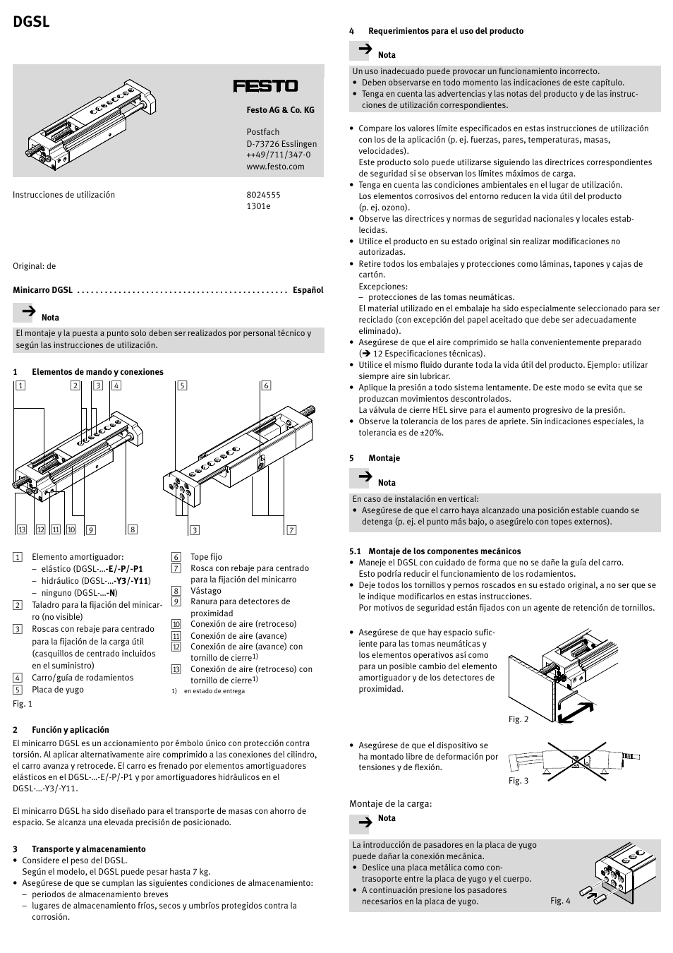 Minicarro dgsl español, 1 elementos de mando y conexiones, 2 función y aplicación | 3 transporte y almacenamiento, 4 requerimientos para el uso del producto, 5 montaje, 1 montaje de los componentes mecánicos, Dgsl | Festo DGSL User Manual | Page 9 / 24