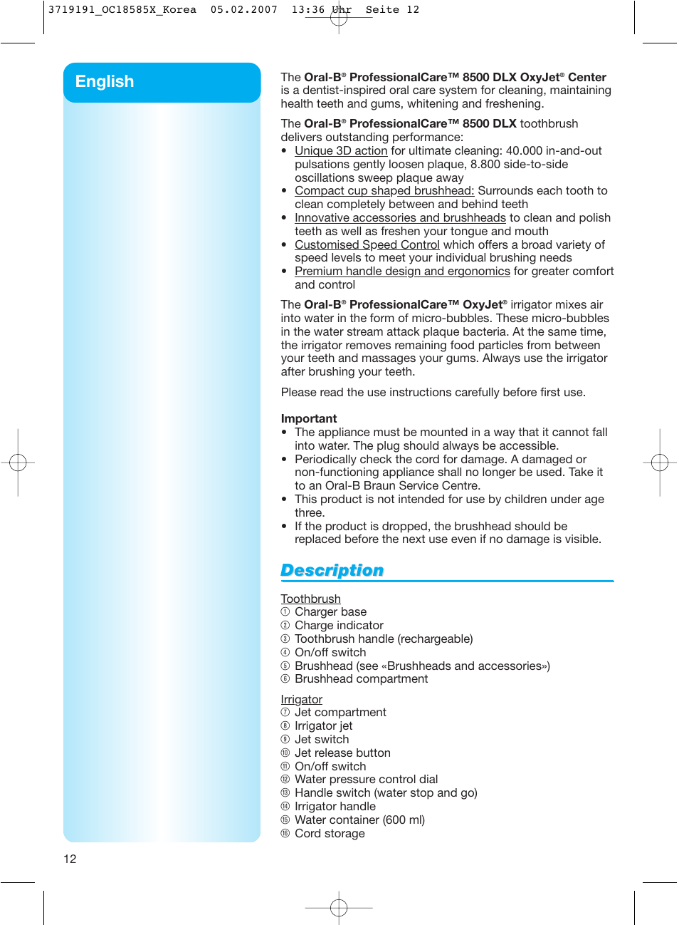 Description, English | Braun 8500 DLX OxyJet User Manual | Page 12 / 18