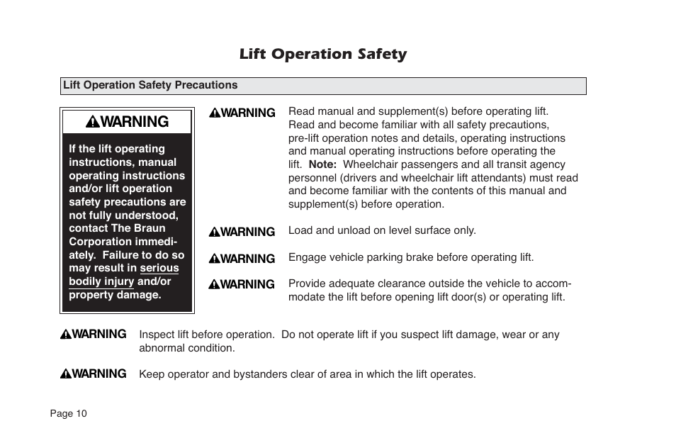 Warning, Lift operation safety | Braun NVL SERIES User Manual | Page 12 / 53