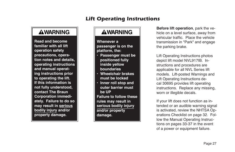 Warning, Lift operating instructions | Braun NVL SERIES User Manual | Page 29 / 53