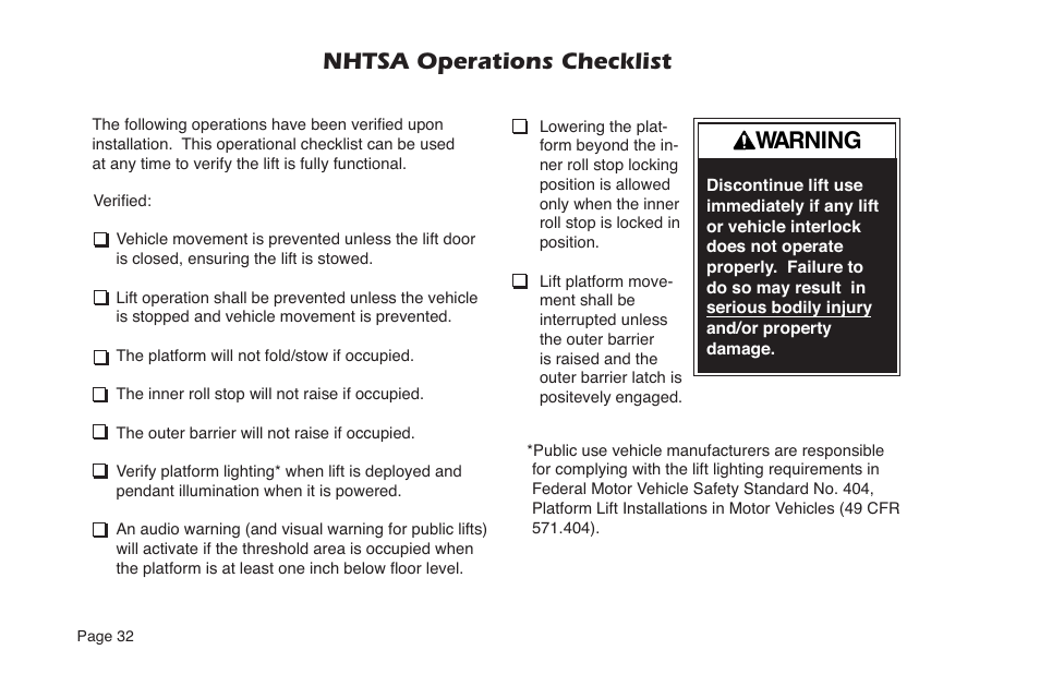 Nhtsa operations checklist warning | Braun NVL SERIES User Manual | Page 34 / 53