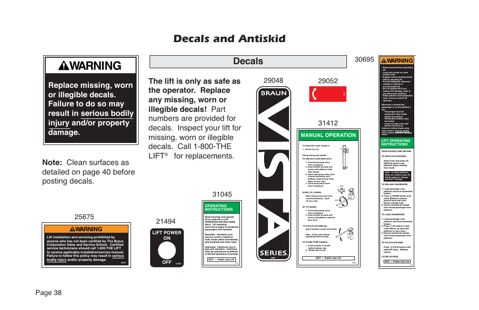 Decals and antiskid, Decals, For replacements | Warning, Manual operation | Braun NVL SERIES User Manual | Page 40 / 53