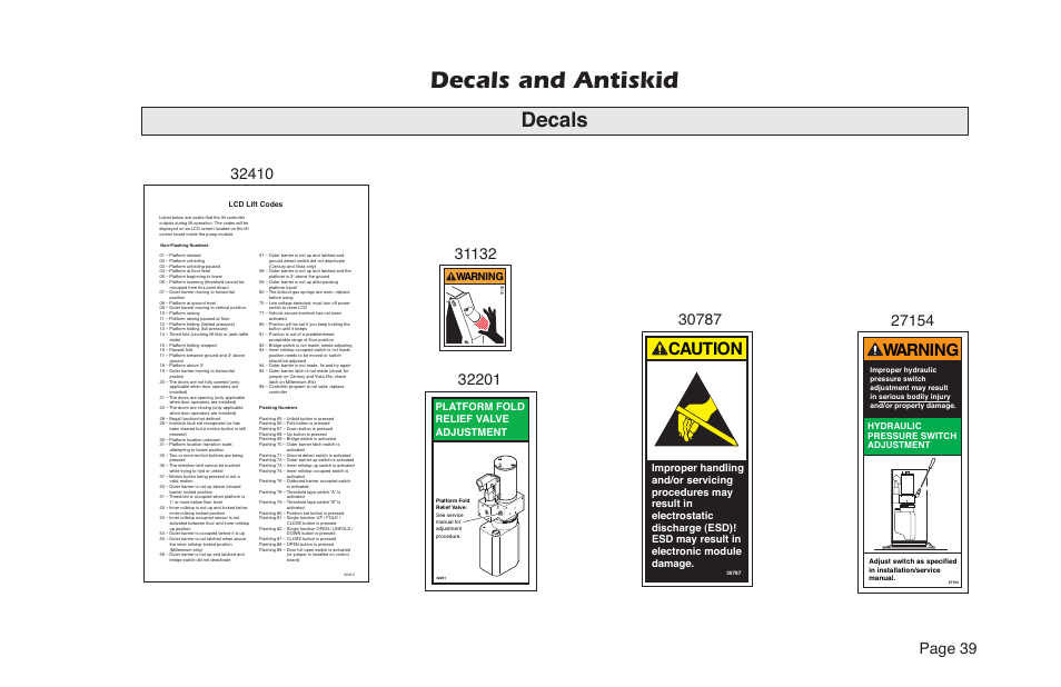 Decals and antiskid, Decals, Page 39 | Platform fold relief valve adjustment, Warning, Hydraulic pressure switch adjustment | Braun NVL SERIES User Manual | Page 41 / 53