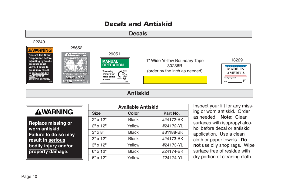 Warning, Decals and antiskid, Antiskid | Decals | Braun NVL SERIES User Manual | Page 42 / 53