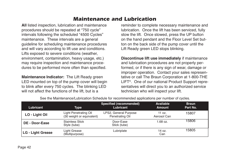 Maintenance and lubrication | Braun NVL SERIES User Manual | Page 44 / 53
