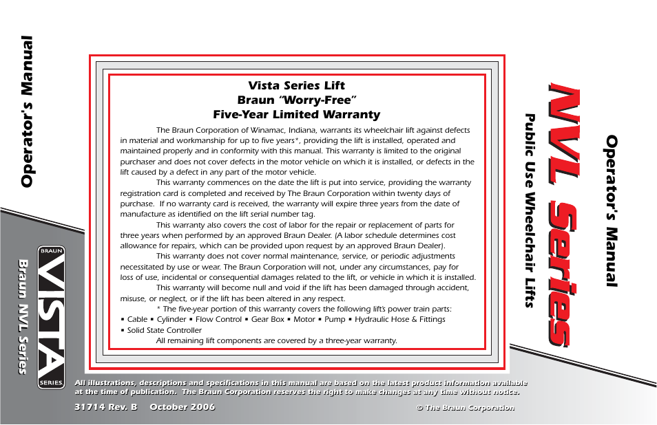 Operator's manual, Public use wheelchair lifts, Braun nvl series | Braun NVL SERIES User Manual | Page 53 / 53