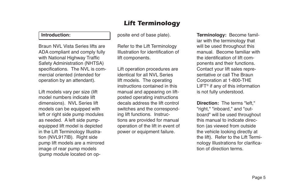 Lift terminology | Braun NVL SERIES User Manual | Page 7 / 53