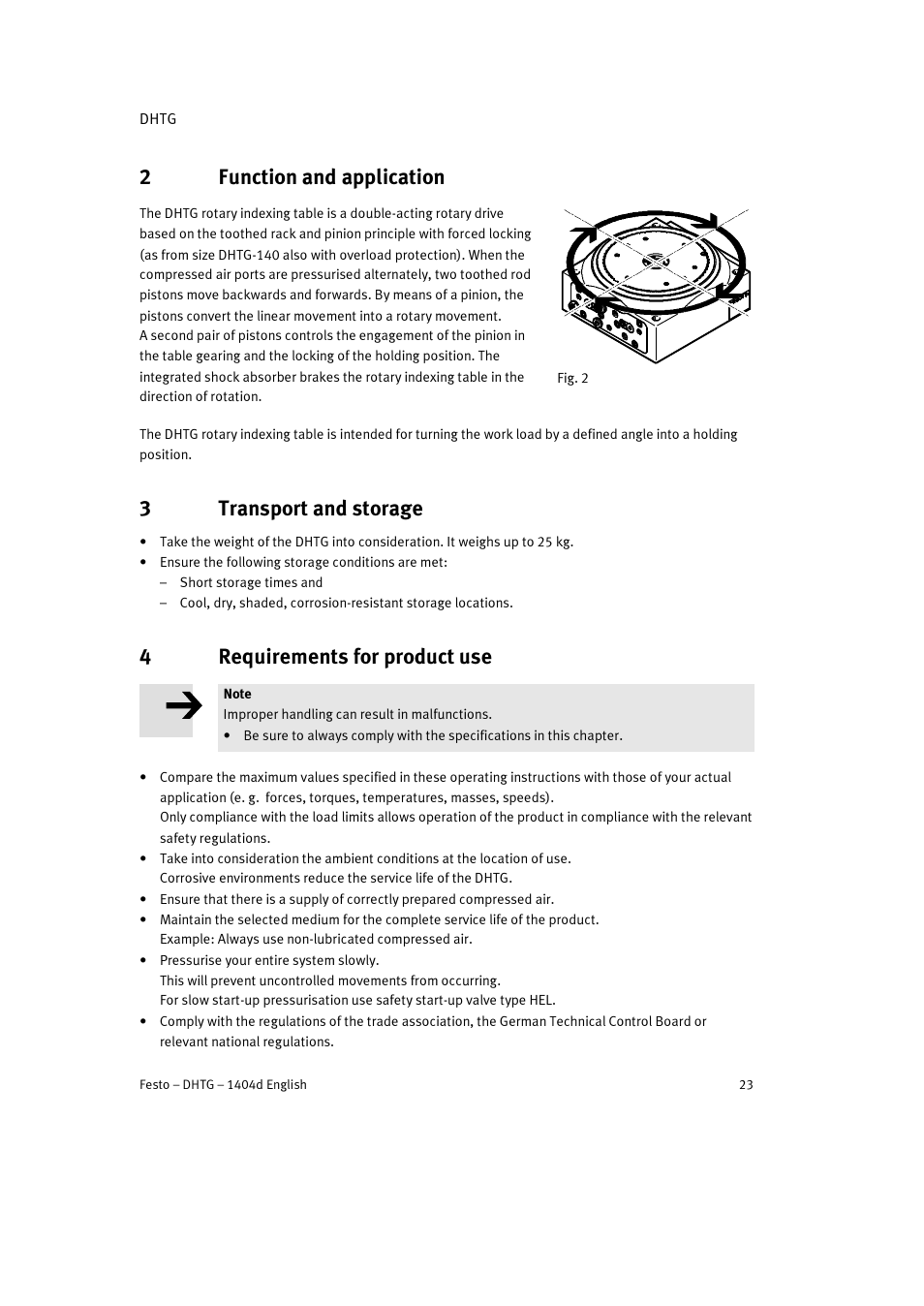 2 function and application, 3 transport and storage, 4 requirements for product use | 2function and application, 3transport and storage, 4requirements for product use | Festo DHTG User Manual | Page 23 / 112