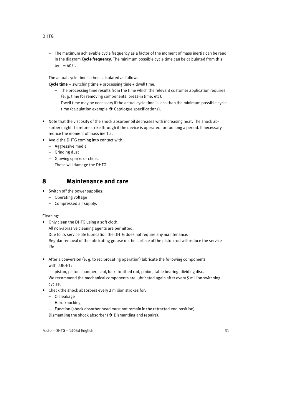 8 maintenance and care, 8maintenance and care | Festo DHTG User Manual | Page 31 / 112