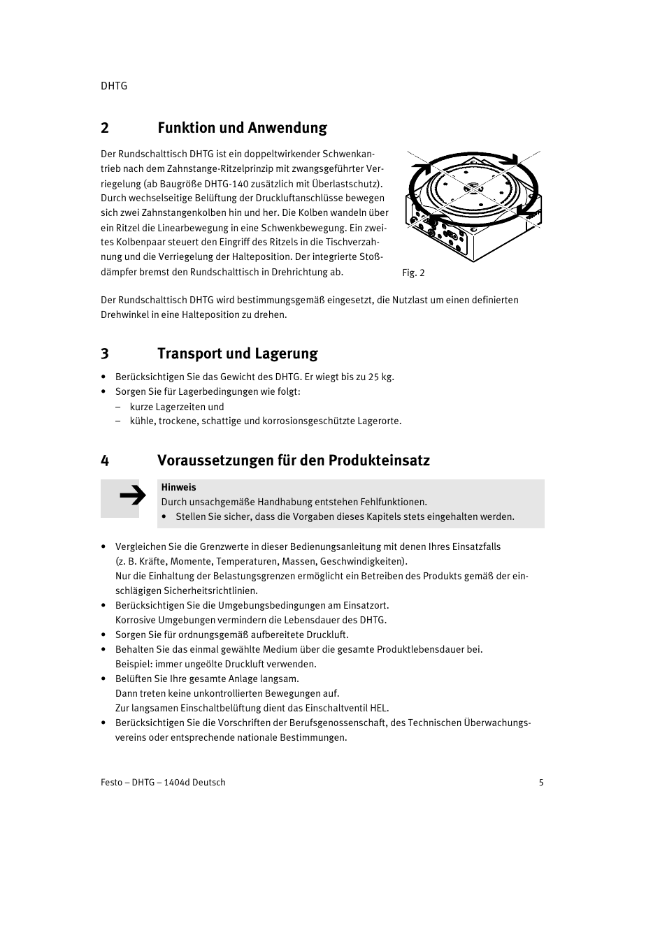 2 funktion und anwendung, 3 transport und lagerung, 4 voraussetzungen für den produkteinsatz | 2funktion und anwendung, 3transport und lagerung, 4voraussetzungen für den produkteinsatz | Festo DHTG User Manual | Page 5 / 112