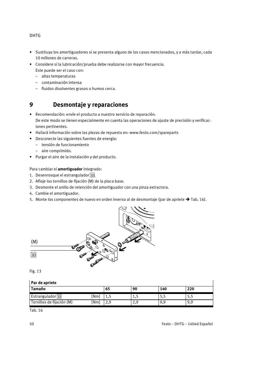 9 desmontaje y reparaciones, 9desmontaje y reparaciones | Festo DHTG User Manual | Page 50 / 112