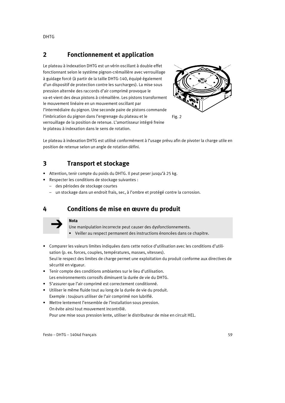 2 fonctionnement et application, 3 transport et stockage, 4 conditions de mise en œuvre du produit | 2fonctionnement et application, 3transport et stockage, 4conditions de mise en œuvre du produit | Festo DHTG User Manual | Page 59 / 112