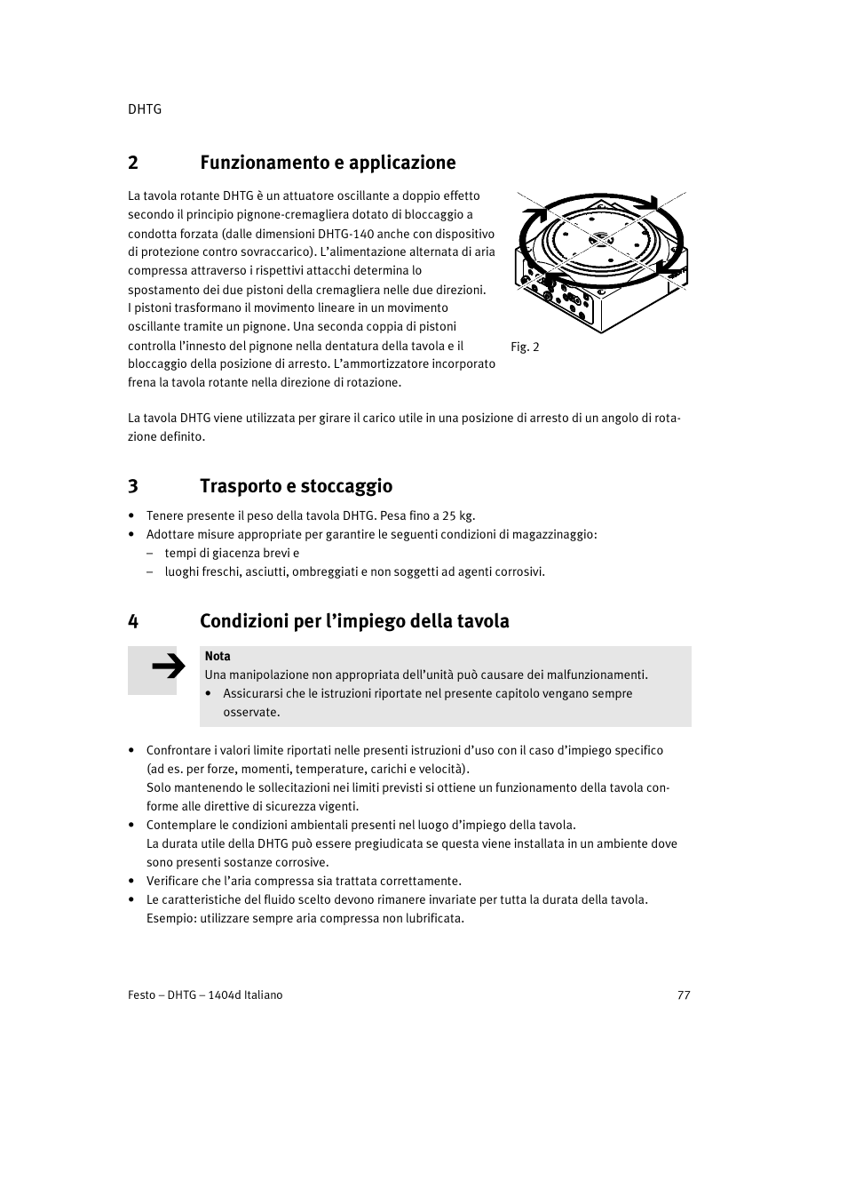 2 funzionamento e applicazione, 3 trasporto e stoccaggio, 4 condizioni per l’impiego della tavola | 2funzionamento e applicazione, 3trasporto e stoccaggio, 4condizioni per l’impiego della tavola | Festo DHTG User Manual | Page 77 / 112