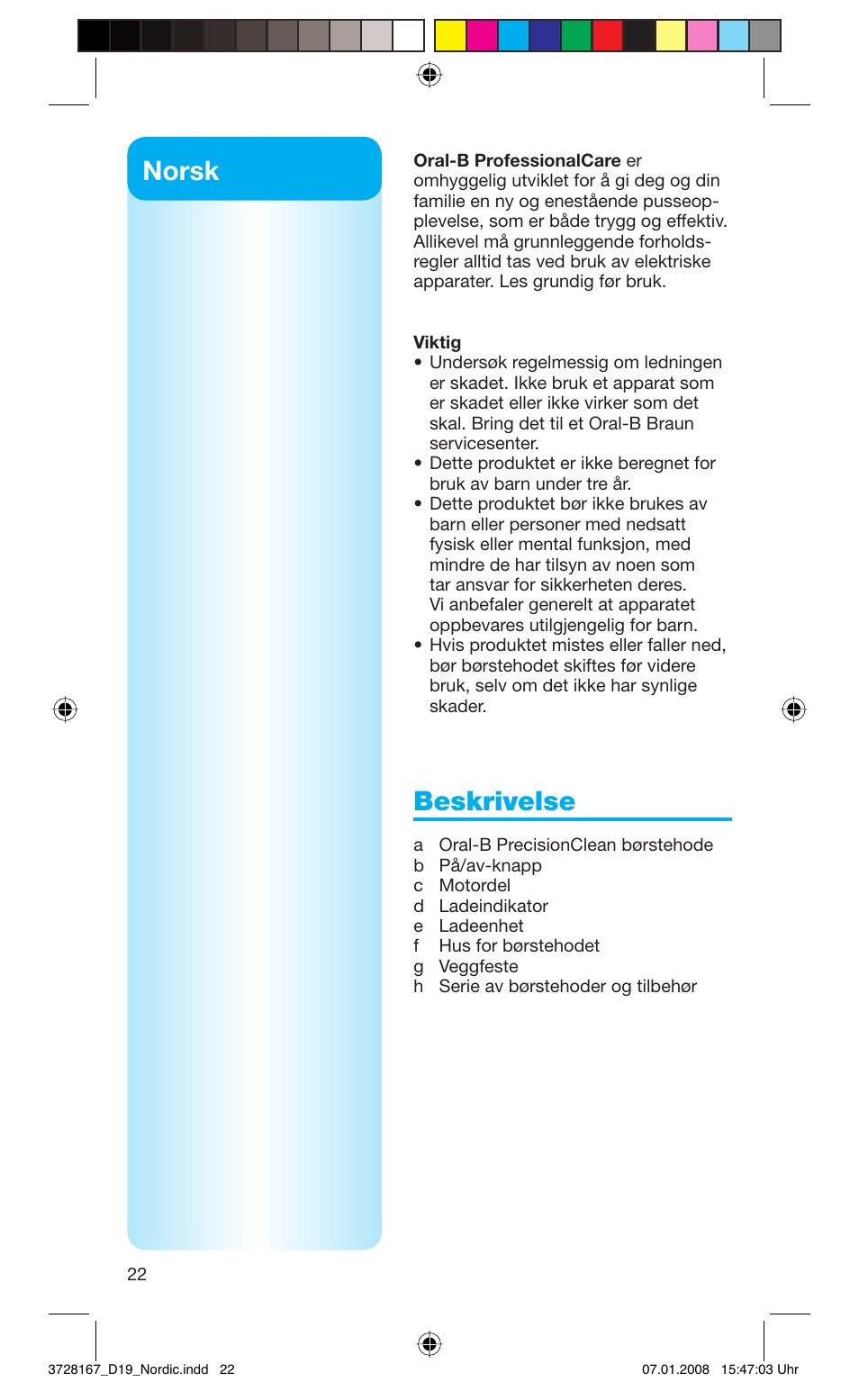 Norsk, Beskrivelse | Braun Oral-B Toothbrush User Manual | Page 22 / 49