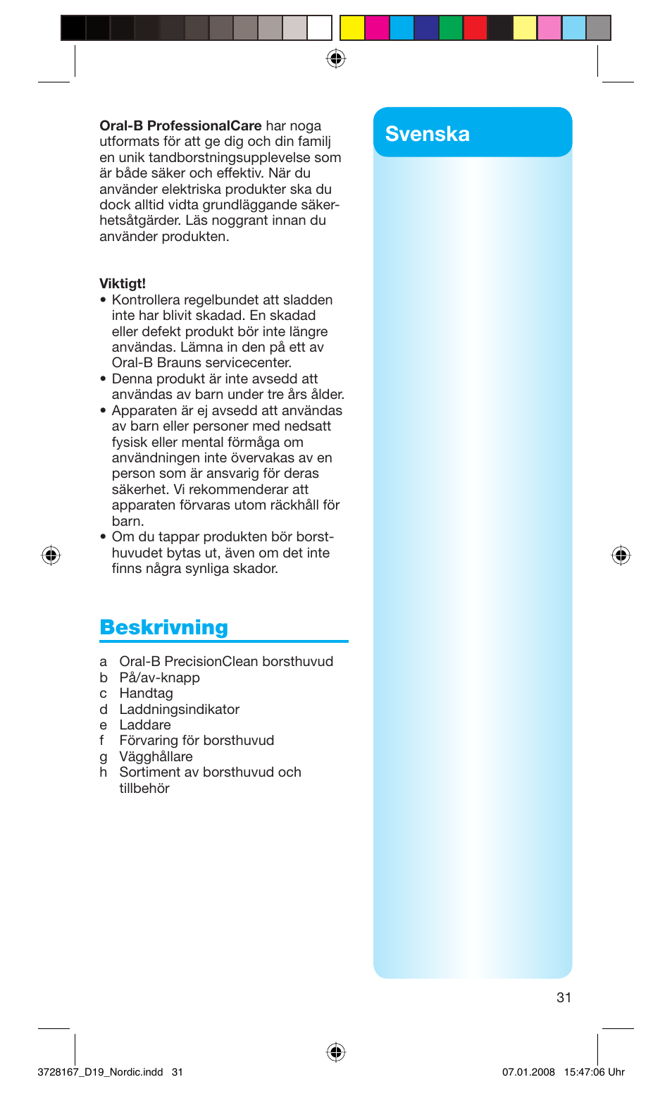 Svenska, Beskrivning | Braun Oral-B Toothbrush User Manual | Page 31 / 49