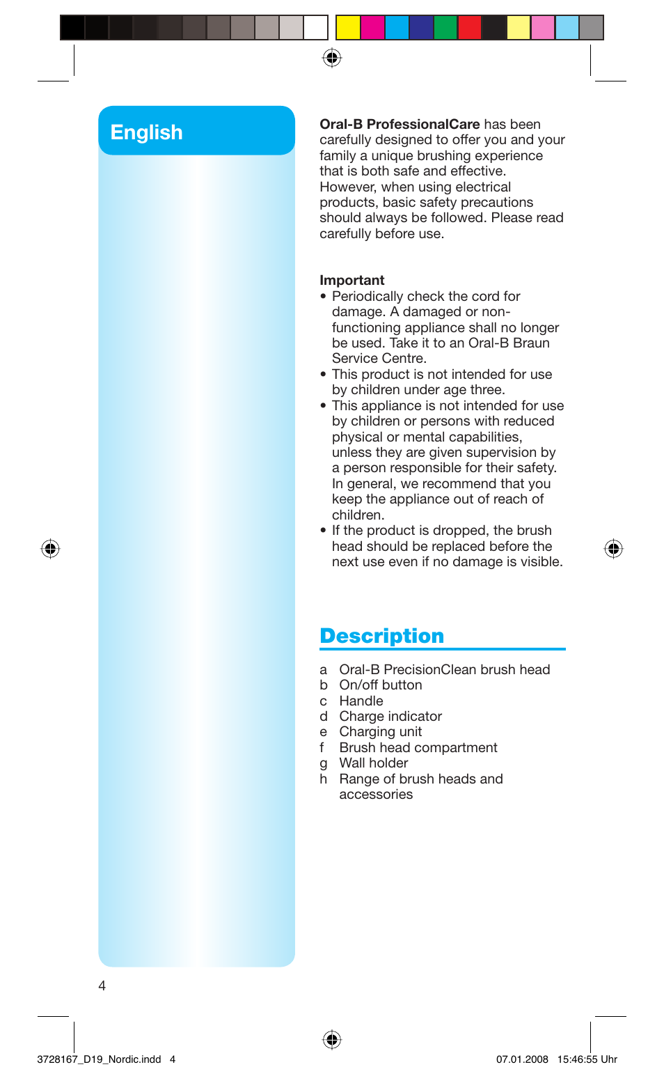 English, Description | Braun Oral-B Toothbrush User Manual | Page 4 / 49