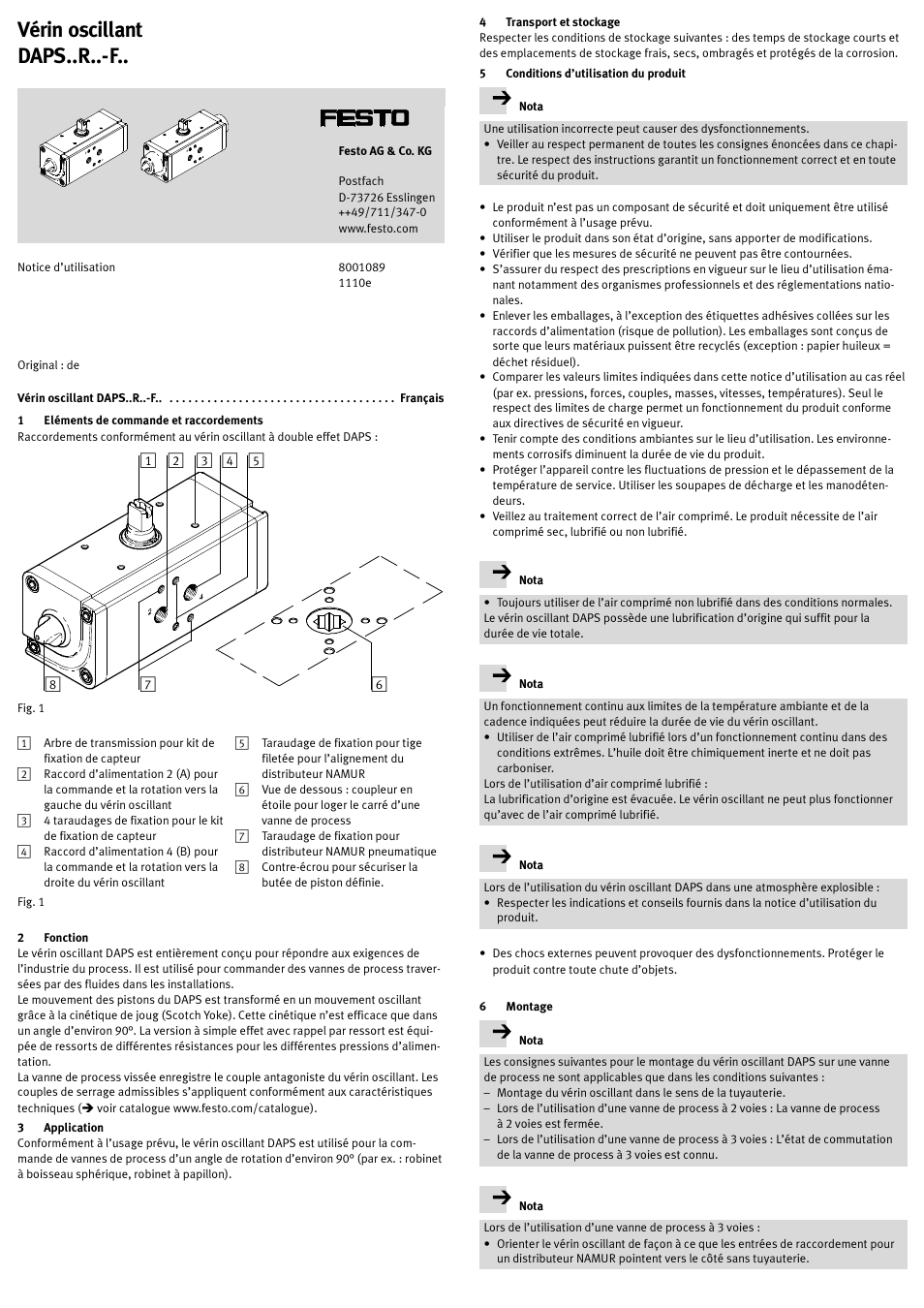 Vérin oscillant daps..r..-f.. français, 1 eléments de commande et raccordements, 2 fonction | 3 application, 4 transport et stockage, 5 conditions d’utilisation du produit, 6 montage, Vérin oscillant daps..r..-f | Festo DAPS..R..-F.. User Manual | Page 10 / 18