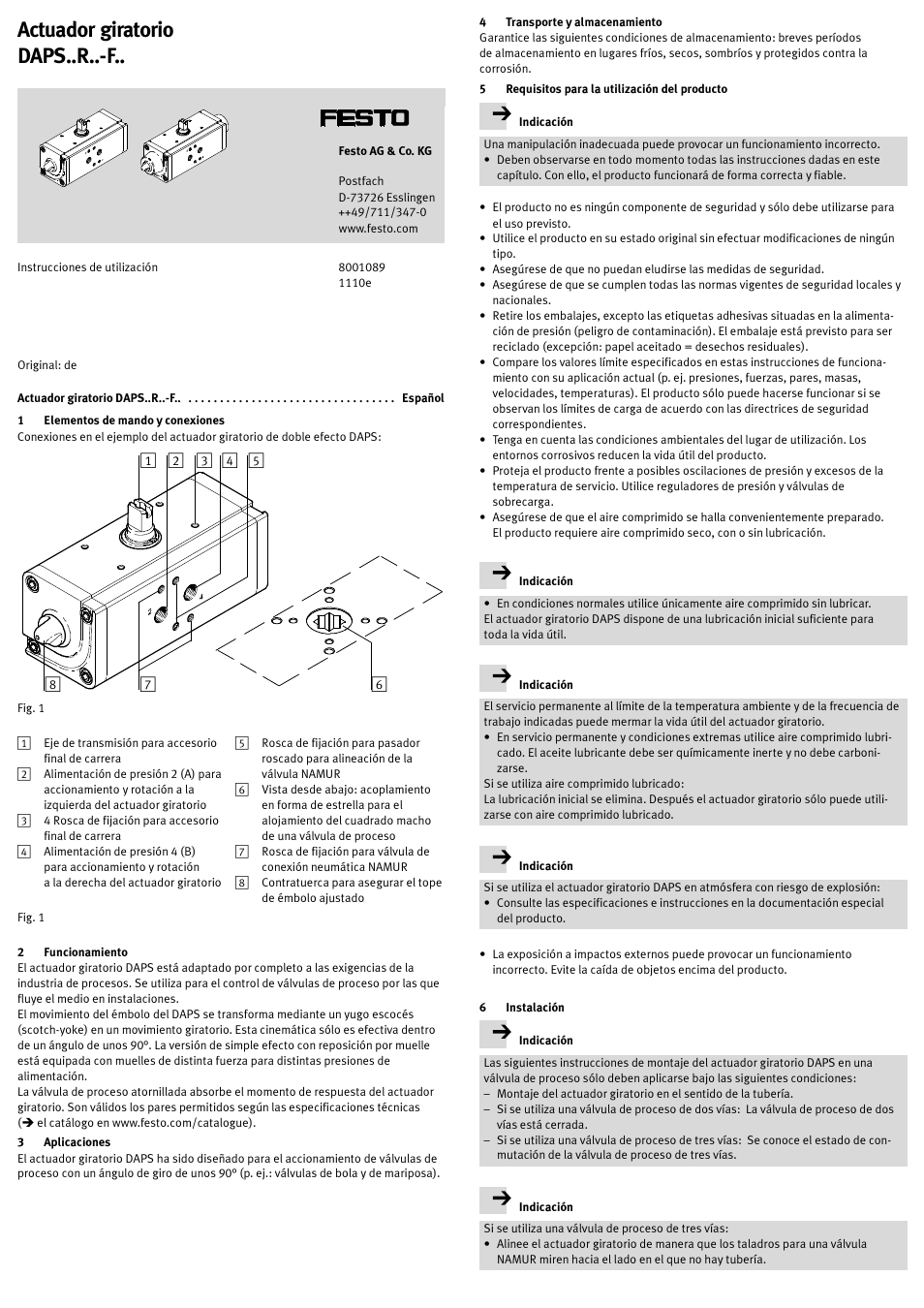 Actuador giratorio daps..r..-f.. español, 1 elementos de mando y conexiones, 2 funcionamiento | 3 aplicaciones, 4 transporte y almacenamiento, 5 requisitos para la utilización del producto, 6 instalación, Actuador giratorio daps..r..-f | Festo DAPS..R..-F.. User Manual | Page 7 / 18