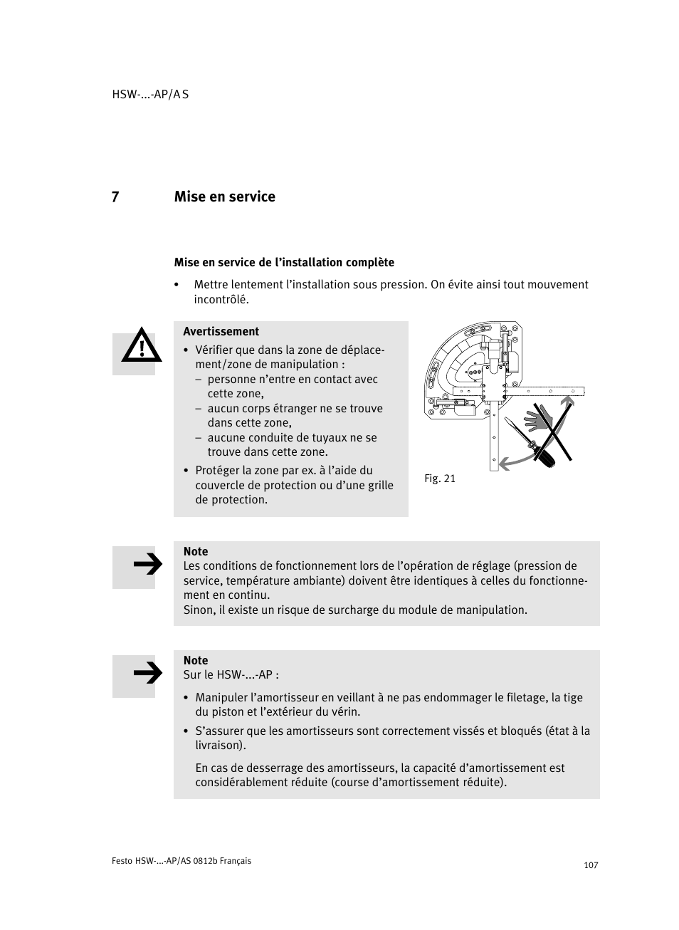 7 mise en service, Mise en service de l'installation complète, Mise en service | Mise en service de l’installation complète, 7mise en service | Festo HSW-...-AP/AS User Manual | Page 107 / 184