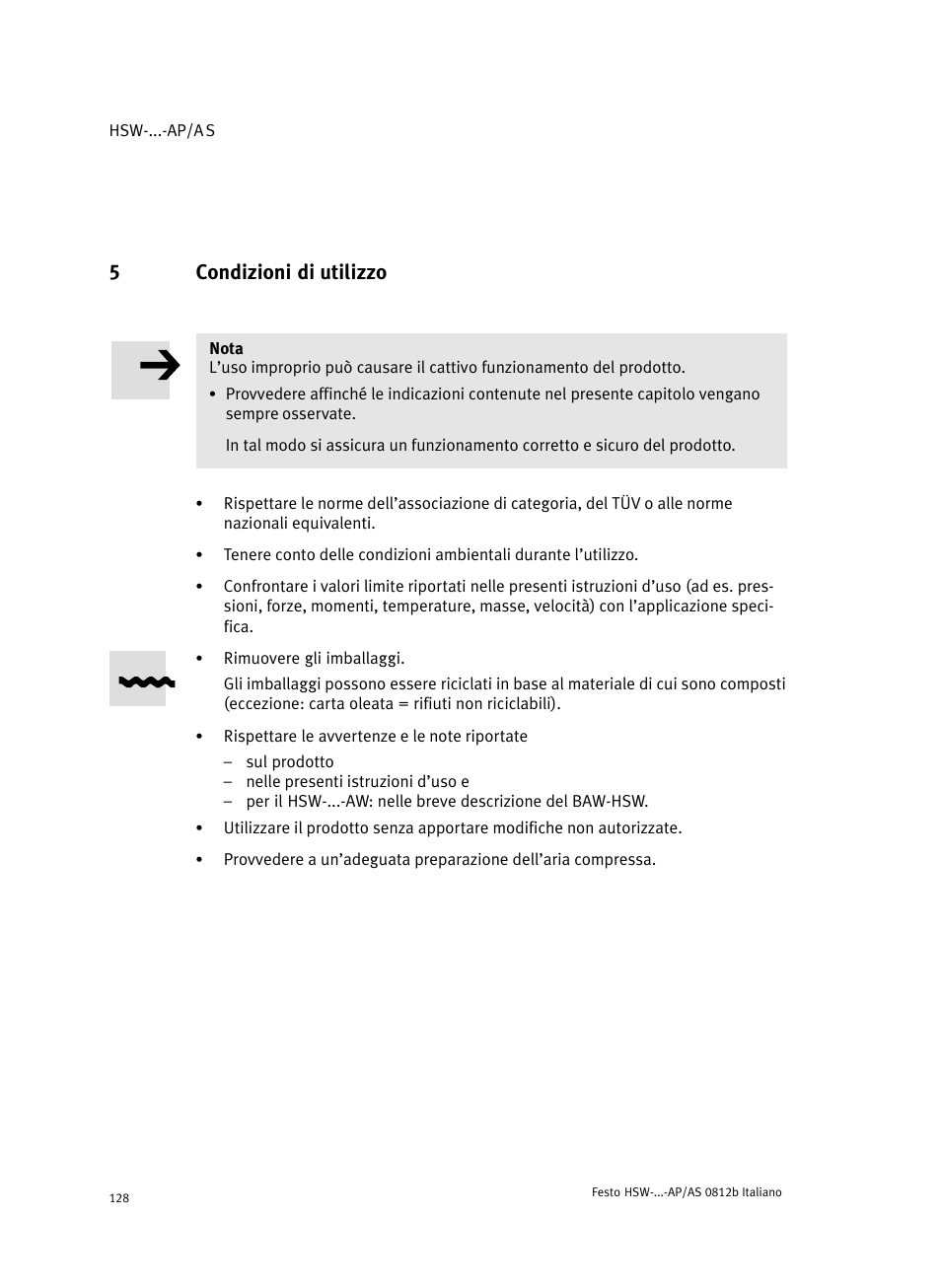 5 condizioni di utilizzo, Condizioni di utilizzo, 5condizioni di utilizzo | Festo HSW-...-AP/AS User Manual | Page 128 / 184