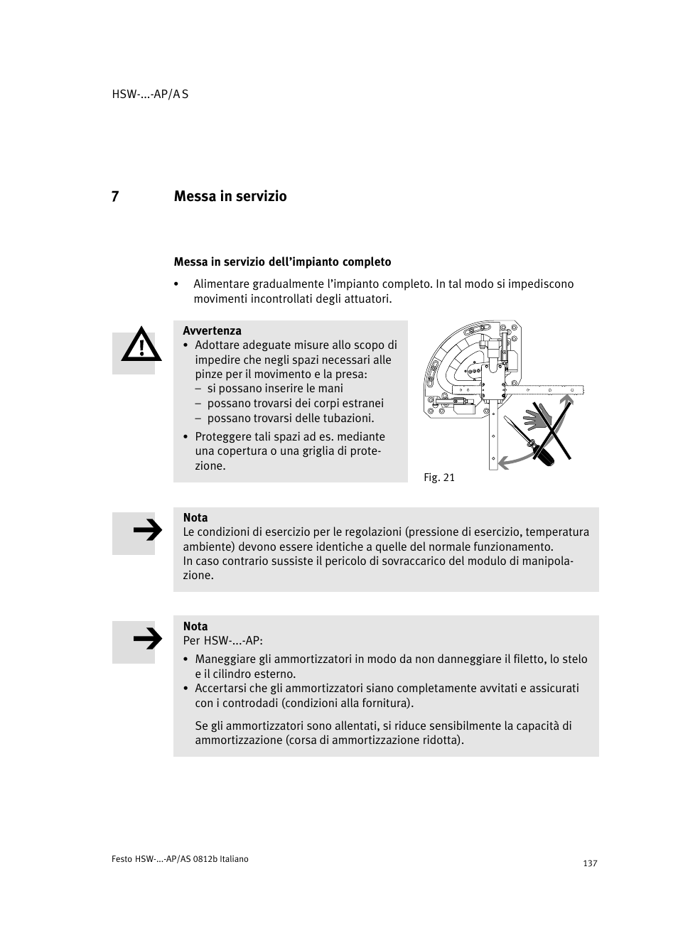 7 messa in servizio, Messa in servizio dell'impianto completo, Messa in servizio | Messa in servizio dell’impianto completo, 7messa in servizio | Festo HSW-...-AP/AS User Manual | Page 137 / 184