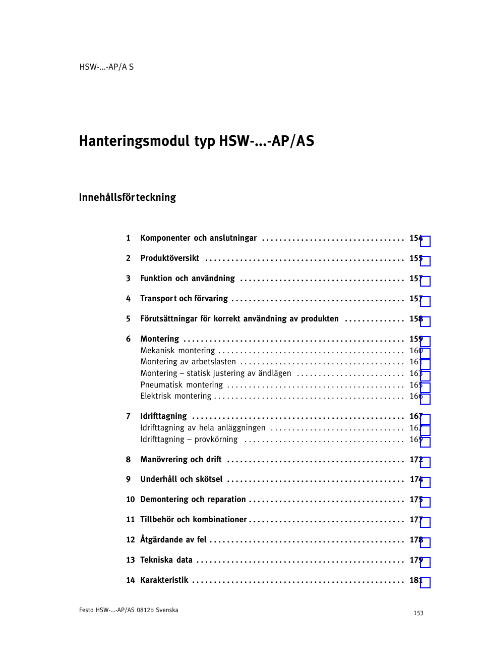 Svenska, Hanteringsmodul typ hsw−...−ap/as svenska, Innehållsför teckning | Festo HSW-...-AP/AS User Manual | Page 153 / 184