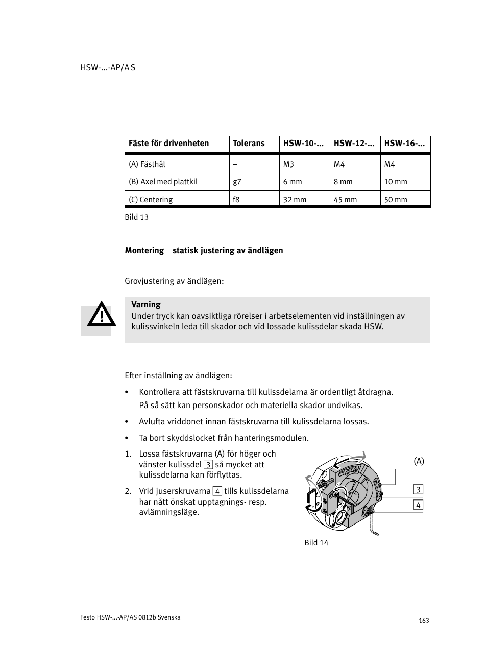 Montering ĉ statisk justering av ändlägen | Festo HSW-...-AP/AS User Manual | Page 163 / 184