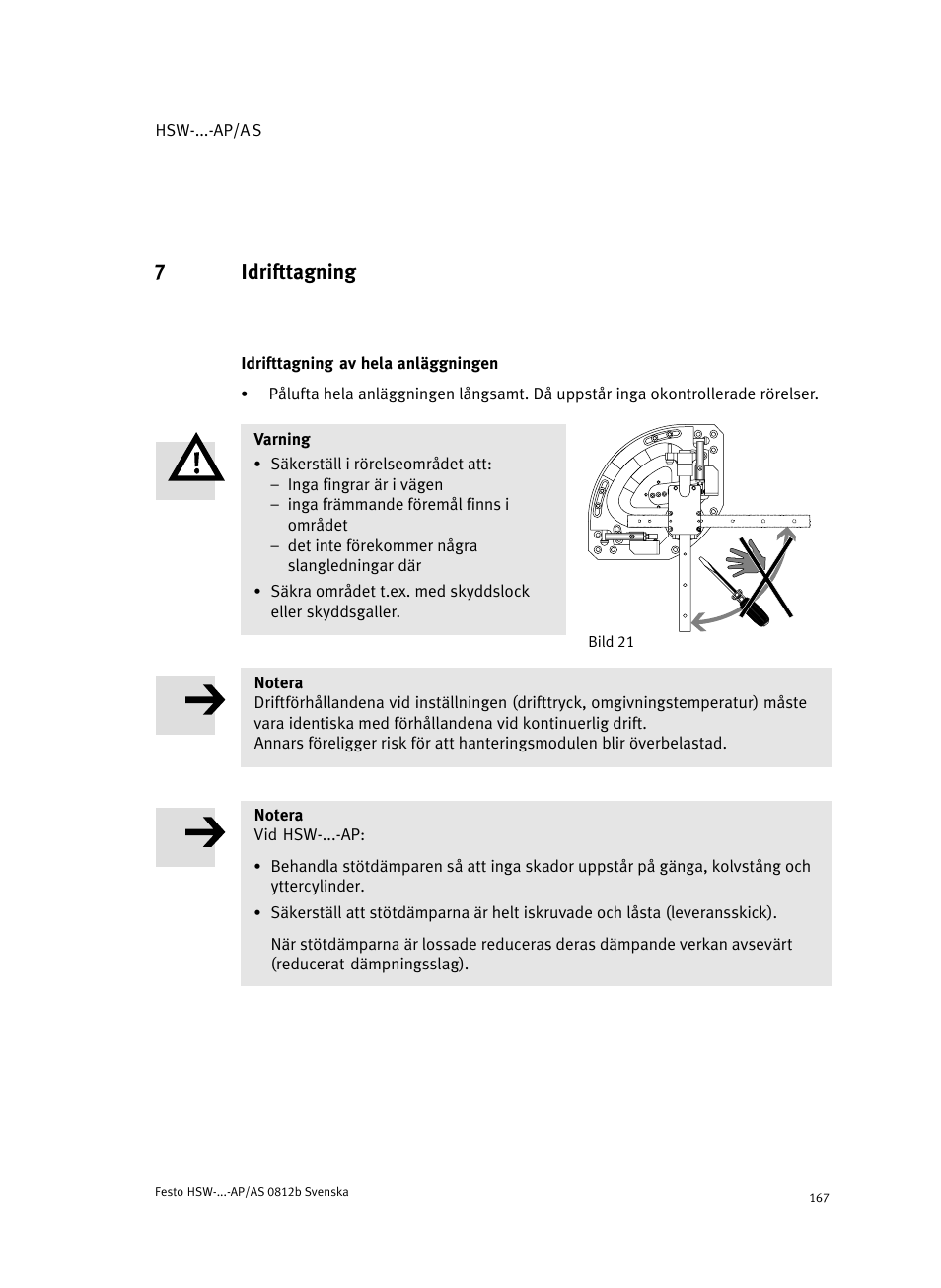 7 idrifttagning, Idrifttagning av hela anläggningen, Idrifttagning | 7idrifttagning | Festo HSW-...-AP/AS User Manual | Page 167 / 184