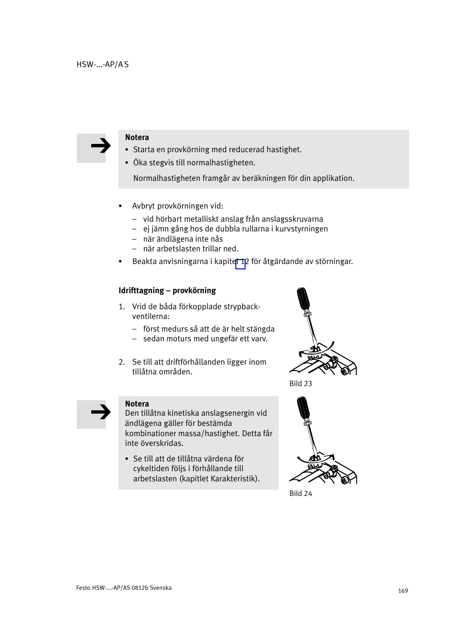 Idrifttagning ć provkörning | Festo HSW-...-AP/AS User Manual | Page 169 / 184