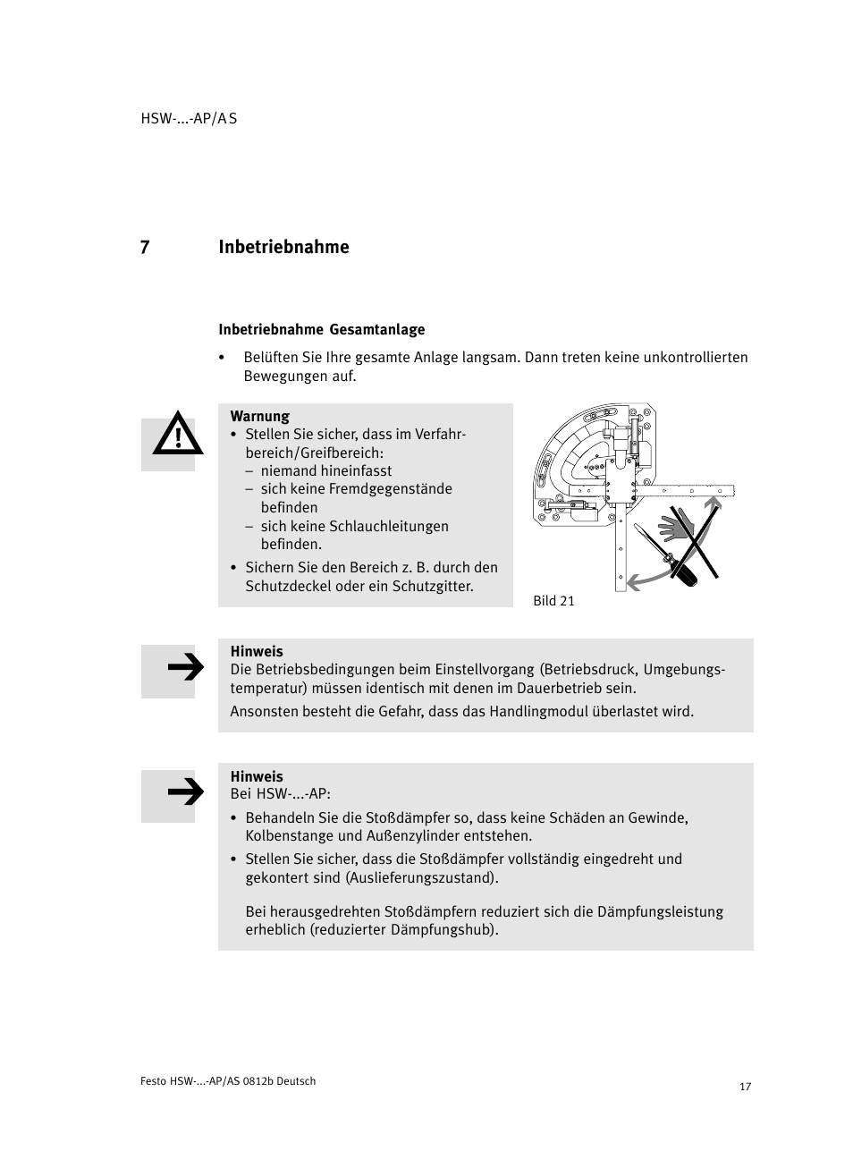 7 inbetriebnahme, Inbetriebnahme gesamtanlage, Inbetriebnahme | 7inbetriebnahme | Festo HSW-...-AP/AS User Manual | Page 17 / 184