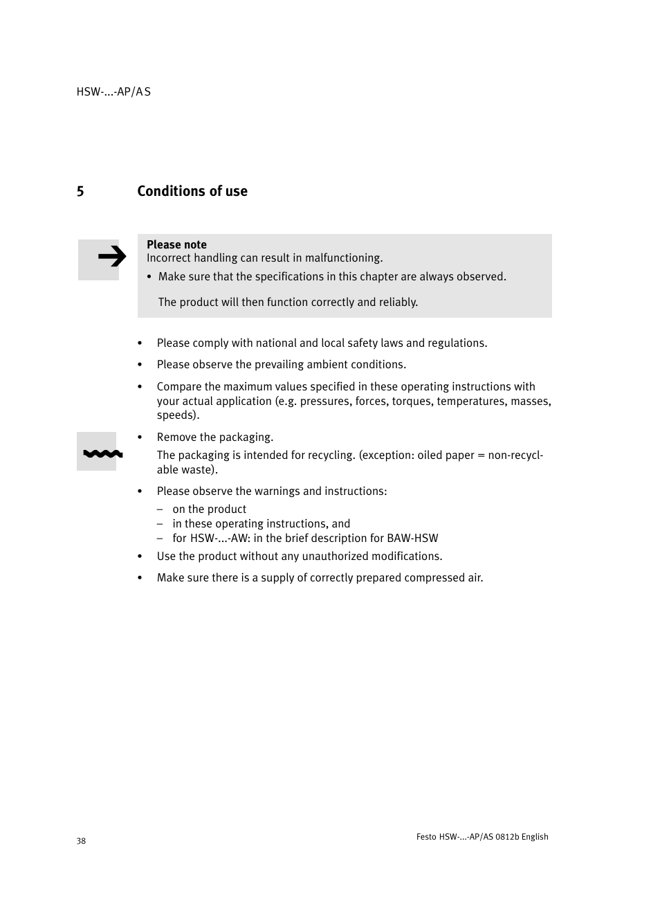 5 conditions of use, Conditions of use, 5conditions of use | Festo HSW-...-AP/AS User Manual | Page 38 / 184