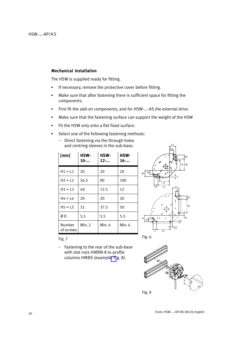 Mechanical installation | Festo HSW-...-AP/AS User Manual | Page 40 / 184