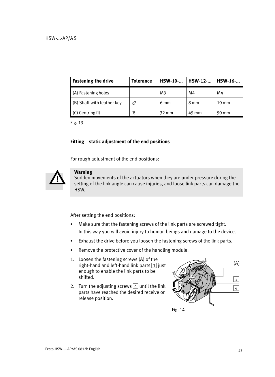 Fitting ĉ static adjustment of the end positions | Festo HSW-...-AP/AS User Manual | Page 43 / 184