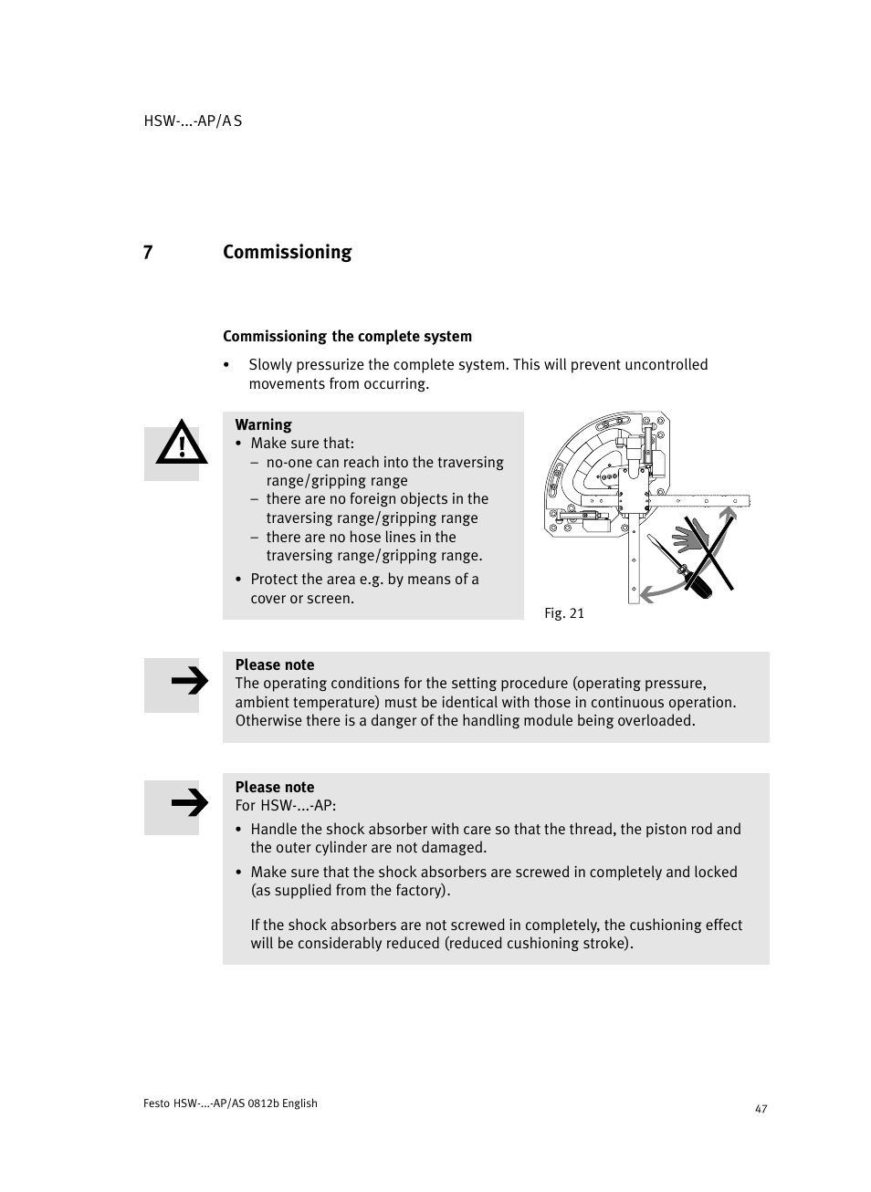 7 commissioning, Commissioning the complete system, Commissioning | 7commissioning | Festo HSW-...-AP/AS User Manual | Page 47 / 184
