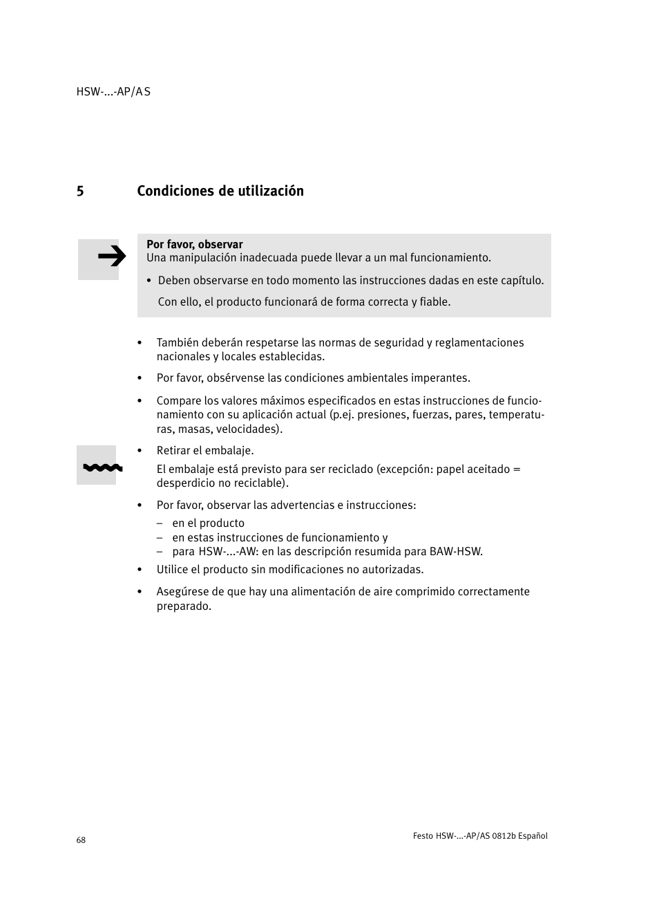 5 condiciones de utilización, Condiciones de utilización, 5condiciones de utilización | Festo HSW-...-AP/AS User Manual | Page 68 / 184